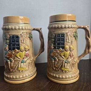 Vintage 1960s german themed ceramic beer stein tankard mugs cups set of 2
